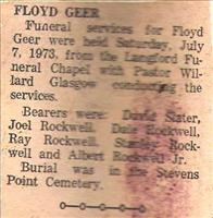 Geer, Floyd (Funeral Notice)